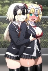2girls ai_generated breast_grab embarrassed fate/apocrypha fate_(series) grabbing_from_behind headpiece jeanne_alter jeanne_d'arc_(fate) jeanne_d'arc_(fate)_(all) legwear pleated_skirt skirt