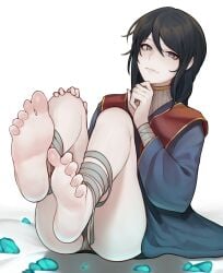 1girls 7chewkaesa artist_request barefoot black_hair blue_eyes dark_hair elden_ring feet female female_only foot_fetish foot_focus fromsoftware hand_on_chin legs mostly_clothed pale-skinned_female pale_skin sorceress_sellen tagme tagme_(artist) toes white_background