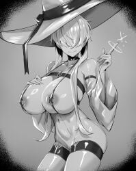 1girls ass big_breasts breasts choker cleavage collarbone female female_focus female_only greyscale hair hair_over_eyes hand_on_own_chest hat hs_mollu huge_breasts large_breasts long_hair looking_at_viewer midriff monochrome navel original original_character scantily_clad sleeves solo solo_female solo_focus thick_thighs thigh_strap thighs uncensored witch_hat