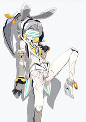 android animal_ears breasts bunny_ears clothes creampie cum cum_inside cumdrip doll_joints grey grey_hair high_heels highres leg_lift machine mecha_musume musen-shiki_sanhankikan open_clothes open_shirt pantyhose pussy robot robot_girl shirt torn_clothes torn_pantyhose vagina virtual_on