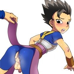 anus ass cabba dragon_ball dragon_ball_super edit edited embarrassed flaccid flaccid_penis lifting_skirt looking_back male_only musk surprised sweat taint testicles yaoi