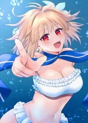 ahoge arcueid_brunestud bare_shoulders bikini blonde_hair blue_ribbon breasts cleavage fate/grand_order fate_(series) female flower hair_flower hair_ornament highres huge_breasts large_breasts looking_at_viewer red_eyes ribbon short_hair swimsuit thighs tsukihime white_bikini yatukachan