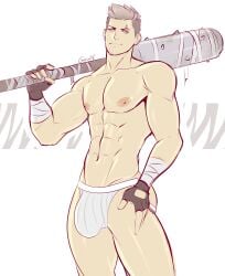 1boy abs bulge club_(weapon) eyebrow_piercing fingerless_gloves gasaiv gijinka gloves grey_hair holding_weapon jockstrap jockstrap_only looking_at_viewer male male_only mostly_nude muscular muscular_arms muscular_thighs nipples pecs pinsir pokemon pokemon_rgby slight_smile smile smiling_at_viewer solo solo_male standing topless underwear underwear_only weapon weapon_over_shoulder wrapped_arms
