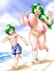 age_difference beach beauty_mark bikini blush breasts glasses green_hair huge_breasts milf mother_and_son nipples red_eyes swimsuit waku-jinpei