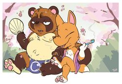 animal_crossing anthro asian_clothing brown_body brown_fur canid canine chibi clothing crazy_redd duo east_asian_clothing fox fundoshi fur hi_res japanese_clothing male male/male male_only mammal moobs mostly_nude nintendo nipples pipe raccoon_dog red_body red_fur robe slightly_chubby smoke smoking tanuki tbid tom_nook underwear video_games