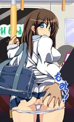 ass_grab blue_eyes brown_hair censored comord looking_back miniskirt molestation original panties panty_pull phone pleated_skirt pussy skirt solo train train_interior uncensored underwear