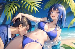 1boy 1boy1girl 1girls 1male ai_generated artist_request beach bikini blue_eyes blue_hair brown_hair character_request cleavage female hand_on_head long_hair male medium_breasts nature outdoors outside palm_tree shore short_hair short_sleeves smile source_request swimsuit tagme two-piece_swimsuit