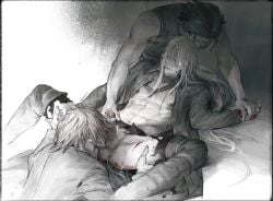 3boys anal_object_insertion angeal_hewley black_hair blood blush closed_eyes clothed color crisis_core_final_fantasy_vii cum cum_on_face cuts final_fantasy final_fantasy_vii gay genesis_rhapsodos handjob legs_apart licking licking_penis long_hair male/male male/male/male muscular muscular_male nipple_piercing nipples object_insertion on_floor red_hair sephiroth sex_toy short_hair square_enix tagme terribleaunt threesome torn_clothes torn_pants vibrator vibrator_in_ass white_hair yaoi