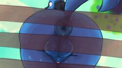 16:9 anthro anus balls biped blue_body blue_fur bodily_fluids froogg fur generation_4_pokemon genitals hi_res lucario male nintendo pokemon pokemon_(species) puffy_anus rear_view solo sweat voyeur widescreen