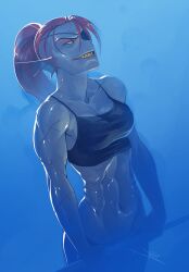 2010s 2016 2d 2d_(artwork) abs anthro anthro_only armpits bare_shoulders biceps black_pants black_topwear blue_body blue_skin blue_theme bottomwear breasts cleavage clothed clothed_female clothing collarbone colored_skin cowboy_shot digital_media_(artwork) ear_fins eyepatch female female_abs female_anthro female_only fins fish fish_girl grin hair hair_between_eyes half-closed_eyes head_fins holding holding_staff long_hair marine medium_breasts midriff monster monster_girl muscle muscular muscular_anthro muscular_female navel non-mammal_breasts non-mammal_navel obliques open_mouth pants ponytail red_hair red_ponytail scar sharp_teeth signature sleeveless slit_pupils smile smirk solo_anthro solo_female spaghetti_strap staff standing stomach tank_top teeth third-party_source topwear undertale undertale_(series) undyne vashperado video_game_character video_games yellow_eyes yellow_sclera yellow_teeth