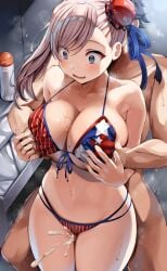 1boy 1girls american_flag_bikini asymmetrical_hair belko bikini blue_eyes blush breast_grab breast_squeeze breasts bun_cover censored censored_penis cleavage cum cum_between_thighs embarrassed fate/grand_order fate_(series) female from_behind groping_from_behind hi_res hips huge_breasts light-skinned_female light_skin male miyamoto_musashi_(fate) miyamoto_musashi_(swimsuit_berserker) mosaic_censoring outercourse pink_hair slim_waist thick_thighs thigh_sex thighjob thighs wide_hips