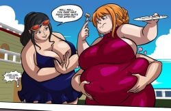 2girls annoyed axel-rosered bbw belly_expansion belly_grab big_belly big_breasts black_hair chubby chubby_female dialogue female female_only flirting hana_hana_no_mi multi_arm multi_limb nami nico_robin obese obese_female one_piece orange_hair overweight overweight_female post-timeskip red_dress sideboob teasing teasing_another thick_thighs weight_gain yuri