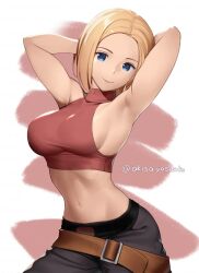 1girls armpits arms_behind_head artist_request big_breasts blue_eyes blue_mary busty confident fatal_fury king_of_fighters large_breasts looking_at_viewer midriff navel pants pose posing sexy_armpits short_hair smile snk