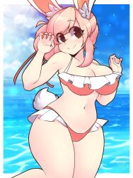 1girls beach black_eyes bunny_ears bunny_girl bunny_tail chocotoffy fanart female female_only fiz hi_res looking_at_viewer pink_hair smiling smiling_at_viewer solo swimwear thick_thighs wide_hips