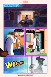 bubble building clothing coat comic dialogue digital_media_(artwork) door english_text female foxinuhhbox furry garage hi_res house lab_coat male milo_(foxinuhhbox) olive_(foxinuhhbox) page_1 science scientist shower silhouette sound_effects speech_bubble steam text topwear