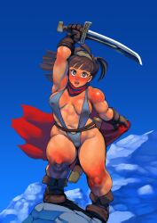 1girls bbw biceps boots breasts brown_eyes brown_hair cape female female_warrior hair long_hair mountain muscle muscles muscular muscular_female open_mouth overweight overweight_female plump posing rabadash_ii sling_bikini slingshot solo strongfat sword thick thick_thighs thighs tits waist_belt wide_hips