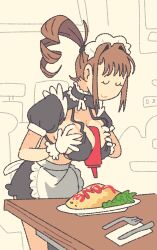 1girls apron back_bow big_breasts black_bra black_dress bra breast_press breast_squeeze breasts brown_hair cameltoe choker cleavage closed_eyes clothed clothing collar collared_shirt cute dress eggs english_text exposed_breasts farfin female female_only food food_play fork frilled_choker frilled_dress frills full_body fully_clothed furniture gloves hair_accessory hair_ornament handwear hi_res huge_breasts humor ketchup ketchup_bottle large_breasts light-skinned_female light_skin love maid maid_headdress maid_uniform mostly_clothed object_between_breasts original original_character plate ponytail puffy_short_sleeves puffy_sleeves questionable_consent sauce short_hair side_view sideboob sidelocks simple_background simple_face smile solo solo_female solo_focus text_on_food white_apron white_gloves white_handwear white_ribbon wide_hips wrist_cuffs writing_utensil