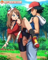 1boy 1girls aged_up anklehighs ash_ketchum big_breasts bike_shorts black_socks blue_eyes brown_hair clothed clothed_sex faceless_male hi_res high_resolution leg_up loose_socks may_(pokemon) nintendo pokemon pokemon_(anime) pokemon_rse reit satoshi_(pokemon) sex socks spats standing_on_one_leg standing_sex tight_clothing torn_clothes vaginal_penetration vaginal_sex watermark