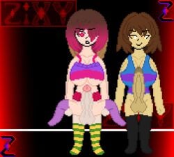 1girls 2022 2futas bad_anatomy balls bete_noire big_breasts big_penis bottomless chara clothed clothing duo erection female frisk futa_on_female futanari glitchtale human imminent_sex light-skinned_female light-skinned_futanari light_skin partially_clothed penis pixel_art reverse_suspended_congress standing undertale undertale_(series) undertale_au undertale_fanfiction zixy