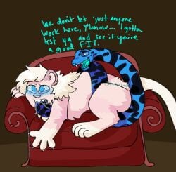 azul_(spoonfulofsuga) blue_body blush chimeracocks coiling couch_sex dialogue duo felid feral_only hi_res lion male male/male mammal pantherine pink_body python reptile rosé_(spoonfulofsuga) scalie sex snake tail_in_mouth