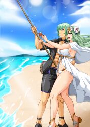 1boy 1girls abs alternate_costume beach big_breasts bikini byleth_(fire_emblem) byleth_(fire_emblem)_(male) couple fire_emblem fire_emblem:_three_houses fire_emblem_heroes fishing fishing_rod flower_in_hair green_eyes green_hair hair_flower happy large_breasts legs nintendo ocean official_alternate_costume outdoors rhea_(fire_emblem) rhea_(summer)_(fire_emblem) sandals smile swimsuit white_bikini white_swimsuit wholesome