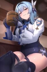 1girls beer blue_hair blush breasts drink drunk eula_(genshin_impact) female female_only genshin_impact kirima_(user_danf8787) leotard light-skinned_female light_skin looking_at_viewer naughty_face necktie seductive_smile sitting smile solo_female tavern thick_thighs thighs