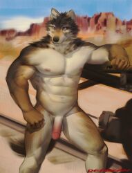 abs anthro black_nose blue_eyes brown_body brown_fur canid canine casual_nudity cloud day detailed_background fur genitals humanoid_genitalia humanoid_penis male male/male mammal muscular muscular_male nipples nude outside pecs penis red8ean sky solo standing white_body white_fur white_inner_ear