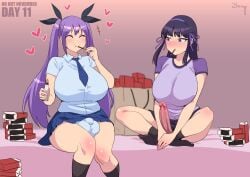 2futas balls bangs big_balls big_breasts big_penis breasts casual casual_erection casual_exposure casual_nudity clothed clothing duo emilia_viola erection fully_clothed futa_only futa_with_futa futanari huge_breasts human knees_together_feet_apart light-skinned_futanari light_skin long_hair mostly_clothed no_nut_november original original_character penis pocky purple_hair sitting socks twintails tzuyin_hsieh wide_hips zheng