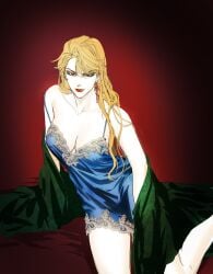 1girls blonde_hair blue_nightgown breasts cleavage covered_erect_nipples dio_brando earrings eyelashes female female_dio female_focus genderswap_(mtf) gooonja humanoid jewelry jojo's_bizarre_adventure large_breasts legs light-skinned_female light_skin long_hair looking_at_viewer nightgown phantom_blood red_eyes red_lips robe rule_63 spaghetti_strap strap_slip vampire villainess