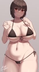 1girls bikini black_bikini blush breasts brown_hair female hips huge_breasts light-skinned_female light_skin looking_at_viewer oc original_character red_eyes samegami short_hair smile thick_thighs thighs wide_hips