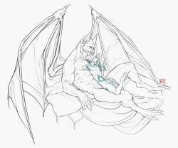 2021 abs animal_genitalia anthro ass bat_ears bat_wings biped breasts bubblyred chiropteran clawed_wings claws duo elf female genitals hair half-erect hi_res humanoid humanoid_pointy_ears line_art long_hair looking_at_another lying lying_on_another male male/female mammal markings membrane_(anatomy) membranous_wings mouth_closed muscular muscular_anthro muscular_male nude on_back overbite pecs penis pillow ponytail simple_background size_difference smile teeth wings