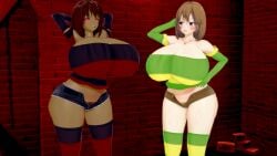 2022 2girls 3d albyon big_breasts blush blushing breasts_bigger_than_head chara cleavage clothed female female_only female_pubic_hair frisk hairy_pussy huge_breasts tagme undertale undertale_(series)