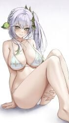 adult aged_up bikini blush cleavage curvy elf feet genshin_impact green_hair ki-16 legs light-skinned_female light_skin looking_at_viewer nahida_(genshin_impact) smile swimwear thighs voluptuous white_bikini white_hair