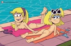 2girls ass beach_towel bikini blonde_hair blue_bikini breast_press breasts carol_pingrey casual clothes duo earrings eyeshadow eyewear feet feet_up female female_only hand_on_leg headband headwear human lori_loud lying lying_on_stomach makeup multiple_girls nickelodeon nude pale_skin pool poolside purple_bikini removed_clothing sketchtoons smile sunbathing sunglasses sunglasses_on_head swimsuit swimwear teenage_girl teenager the_loud_house towel two_piece_swimsuit undressed water