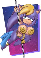 absurd_res anthro archie_comics armlet bernadette_hedgehog big_breasts blonde_hair breasts clothing costume dancing eulipotyphlan female hair harem_outfit hedgehog hi_res huge_breasts lips mammal mature_female mobian_monster pole pole_dancing purple_body sega slave_outfit solo sonic_(series) sonic_the_hedgehog_(archie) sonic_the_hedgehog_(comics) sonic_the_hedgehog_(series) thick_lips