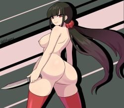 alfwenx ass behind_view breasts completely_nude completely_nude_female danganronpa danganronpa_v3 female_only harukawa_maki knife large_ass large_breasts looking_at_viewer looking_back straight_hair thick_ass thick_thighs thighhighs thighhighs_only thighs