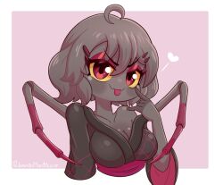 ahoge cleavage commission cute cute_fangs eyelashes eyeshadow female grey_body hair_clips heart highres japanese_clothes jasminthemanticore large_sleeves mischievous_smile original_character red_eyes red_eyeshadow smile spider spider_girl sticking_out_tongue tongue tongue_out yellow_sclera