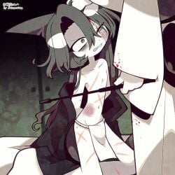 1boy 1girls abuse armpits bed_sheet black_eyes black_hair black_robe blood blood_on_face blood_stain bloody_shirt commission dominant_female domination funamusea funamusea_(artist) navel official_art older_male one_eye_closed orca robe shark_fin skeb_commission submissive submissive_male takama_(funamusea)tatsumiya teeth wadanohara_and_the_great_blue_sea white_robe wide_eyed