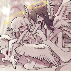 2girls angel angel_halo angel_wings black_hair blue_eyes breasts cleavage closed_mouth commission female female_only funamusea funamusea_(artist) hair_ribbon halo incest long_hair medium_breasts multiple_girls nipples official_art one_eye_closed open_mouth partially_clothed red_eyes reficul sisters skeb_commission sol_(funamusea) the_gray_garden thighhighs yuri