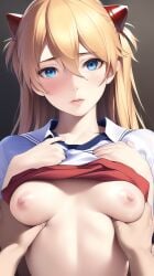 ai_generated asuka_langley_sohryu blue_eyes blush breast_grab breasts female hair_ornament hairpods long_hair looking_at_viewer nai_diffusion neon_genesis_evangelion no_bra open_mouth orange_hair pov rosenkreuz school_uniform shirt_lift stable_diffusion twintails