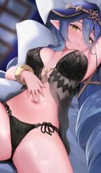 1girls blue_hair breasts female genshin_impact gold_eyes hi_res large_breasts layla_(genshin_impact) light-skinned_female light_skin lingerie lying_on_back panties pointy_ears skai_kun slim_waist thighs veil yellow_eyes