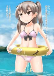 bikini bikini_bottom bikini_top blush floatie girls_und_panzer homare_(suzu_no_oka) peeing peeing_in_water peeing_into_water peeing_self peeing_through_clothing pink_panties pool_toy shimada_arisu standing_in_water urinating urination urine urine_stream water wetting wetting_self