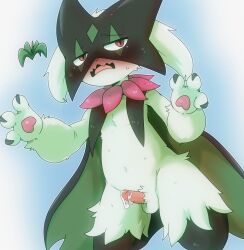 absurd_res anthro balls blush bodily_fluids claws cum cum_on_penis doneru embarrassed erection fangs felid feline fur generation_9_pokemon genital_fluids genitals green_balls green_body green_fur half-closed_eyes hi_res humanoid_genitalia humanoid_penis looking_at_viewer male male_meowscarada male_only mammal meowscarada narrowed_eyes navel nintendo pawpads paws penis pink_eyes pink_pawpads pink_penis plant pokémon_(species) pokemon pokemon_(species) pokemon_sv simple_background small_penis solo sweat video_games wearing_mask