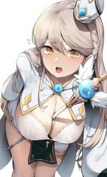 1girls bishop_(maplestory) blonde_hair blush bra braid cleavage ddangbi female female_only lace-trimmed_bra light-skinned_female light_skin maplestory open_mouth partially_clothed solo staff staff_between_breasts yellow_eyes