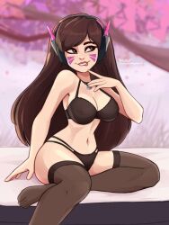 1girls 2d activision background biting_lip black_bra black_panties blizzard_entertainment bra brown_eyes brown_hair choker d.va hana_song lingerie lingerie_only lips lipstick long_brown_hair long_hair looking_away looking_up magaska19 overwatch overwatch_2 panties solo stockings thighhighs