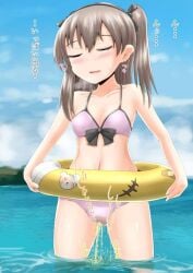 bikini bikini_bottom bikini_top floatie girls_und_panzer homare_(suzu_no_oka) pee_stain peeing peeing_in_water peeing_into_water peeing_self peeing_through_clothing pink_panties pool_toy shimada_arisu standing_in_water urinating urination urine urine_stream water wet_spot wetting wetting_self