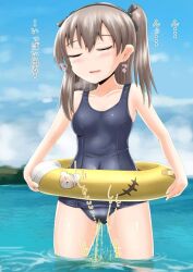 bikini bikini_bottom bikini_top closed_eyes floatie girls_und_panzer homare_(suzu_no_oka) peeing peeing_in_water peeing_into_water peeing_self peeing_through_clothing pink_panties pool_toy shimada_arisu standing_in_water urinating urination urine urine_stream water wetting wetting_self