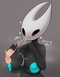 anthro arthropod balls big_breasts black_body blue_nipples bodily_fluids breasts cum cum_on_breasts cum_on_face cumshot dialogue ejaculating_cum ejaculation female genital_fluids genitals handjob heart hi_res hollow_eyes hollow_knight hollow_knight_x_humans horn hornet_(hollow_knight) insects male male/female neilious_dyson neiliousdyson nejtacoz58m8 nipples penile penis sex team_cherry video_games