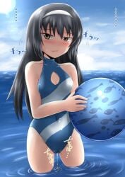 beach_ball girls_und_panzer holding_ball homare_(suzu_no_oka) ocean one-piece_swimsuit peeing peeing_in_water peeing_into_water peeing_self peeing_swimsuit peeing_through_clothing reizei_mako standing_in_water swimsuit swimwear urinating urination urine urine_stream water wetting wetting_self