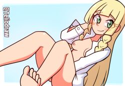 1girls barefoot blonde_hair blush breasts female green_eyes hand_behind_head light-skinned_female light_skin lillie_(pokemon) looking_at_viewer nintendo open_clothes open_shirt pokemon pokemon_sm shirt sitting small_breasts smile solo teliodraw twitter_username